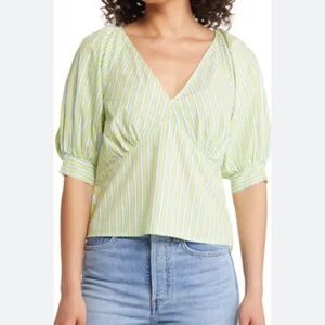 SANCTUARY STRIPED COTTON POPLIN BLOUSE TOP GREEN MEDIUM